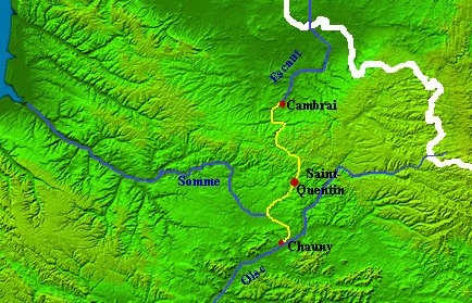 L'énigme de la chouette d'or : le leurre des lignes de partage des eaux.
Carte du Canal de Saint-Quentin entre Chauny et Cambrai.