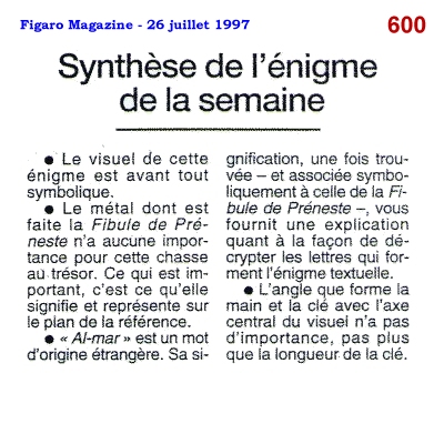 L'énigme 780 de le Chouette d'Or - Synthèse du Figaro Magazine du 26 juillet 1997.