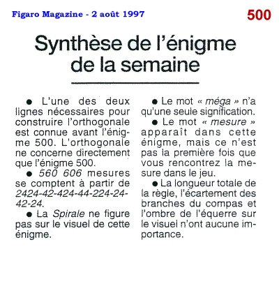 L'énigme 500 de le Chouette d'Or - Synthèse du Figaro Magazine du 2 août 1997.