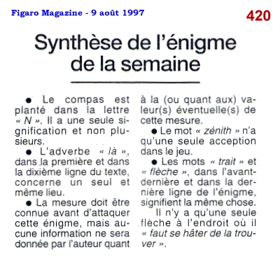 L'énigme 420 de le Chouette d'Or - Synthèse du Figaro Magazine du 9 août 1997.