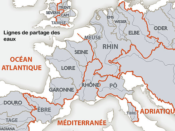 L'énigme de la chouette d'or : le leurre des lignes de partage des eaux.
Carte de l'Europe de l'Ouest mettant en évidence les lignes de partage des eaux