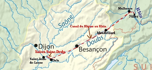 L'énigme de la chouette d'or : le leurre des lignes de partage des eaux.
Carte du Canal du Rhône au Rhin entre Saint-Laurent-de-Losne et Niffer.