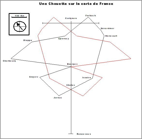 L'énigme de la Chouette d'Or comporte un deuxième leurre : une chouette dessinée sur la carte de France.
Prendre les 10 villes données en 580, appliquez leur une symétrie axiale selon l'axe trouvé en 470 et complétez par l'Orthogonale de la 500.