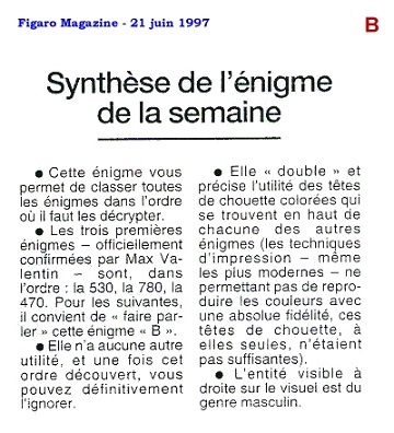 L'énigme B de le Chouette d'Or - Synthèse du Figaro Magazine du 21 juin 1997.