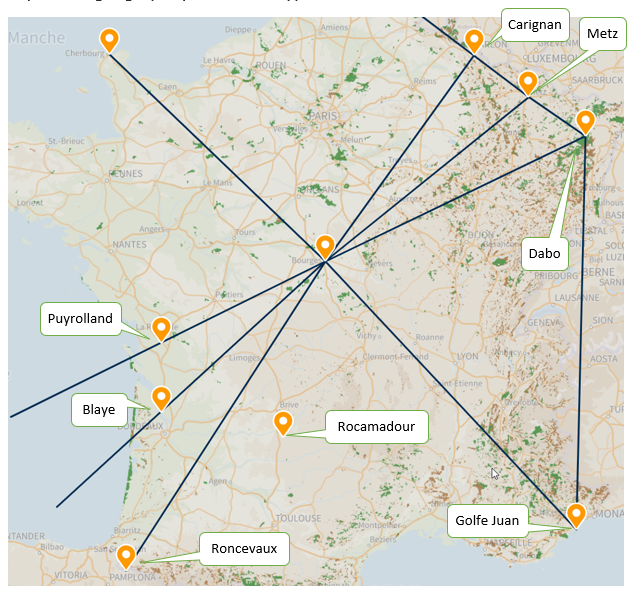Synthèse géographique de mes hypothèses sur la carte de France. Roland de Roncevaux est un fil rouge.